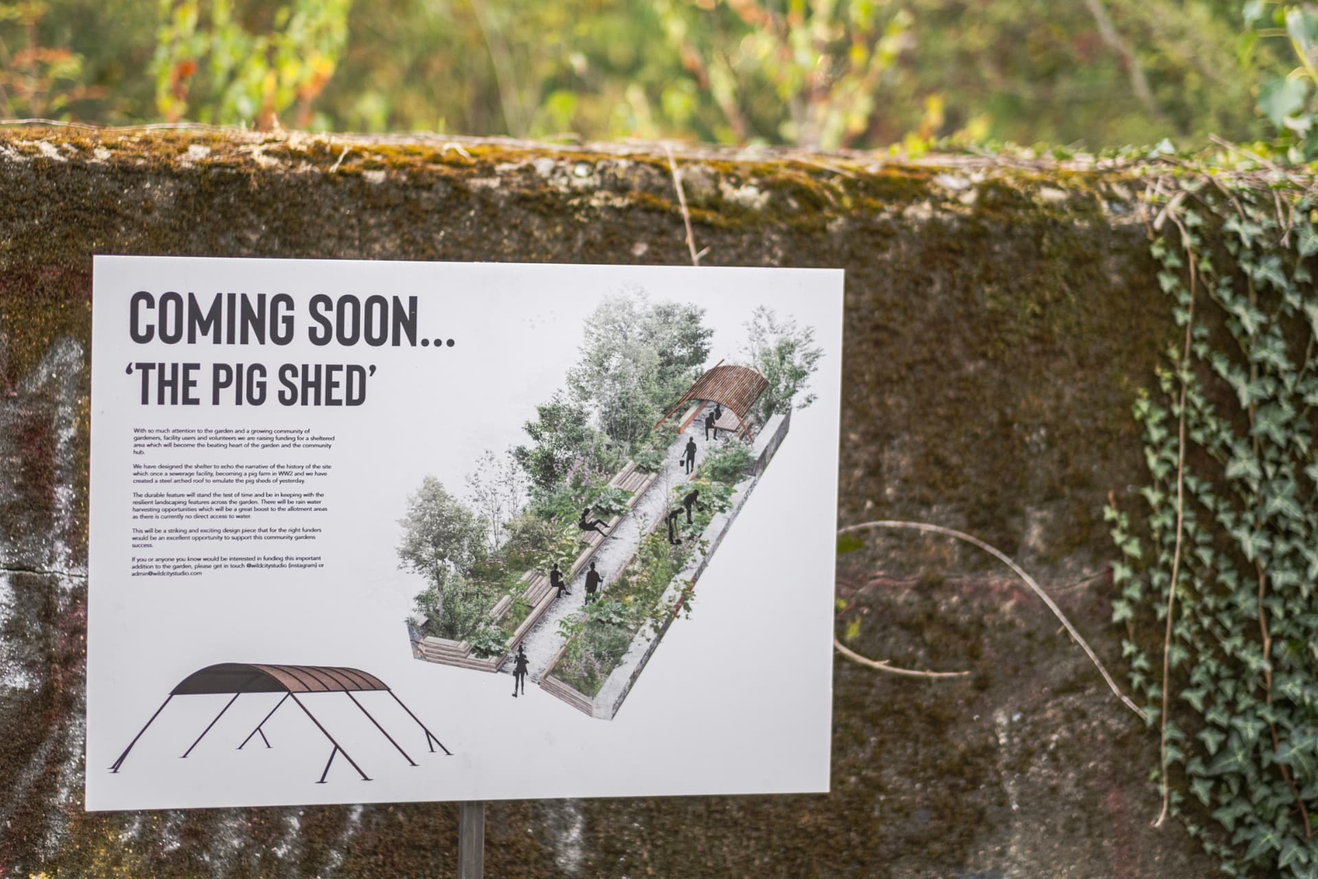 Sign showing the design for the forthcoming Pig Shed shelter