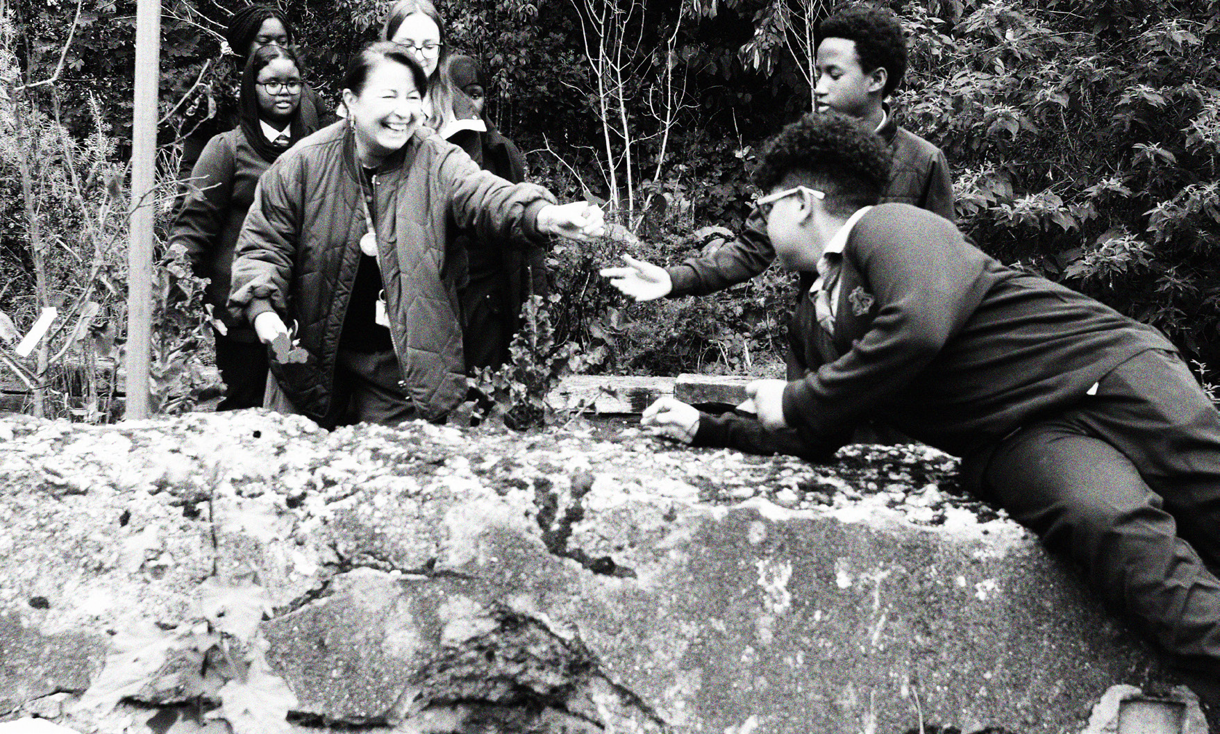 Emma Beale reaches across a stone wall to hand a plant to a Gladesmore student.