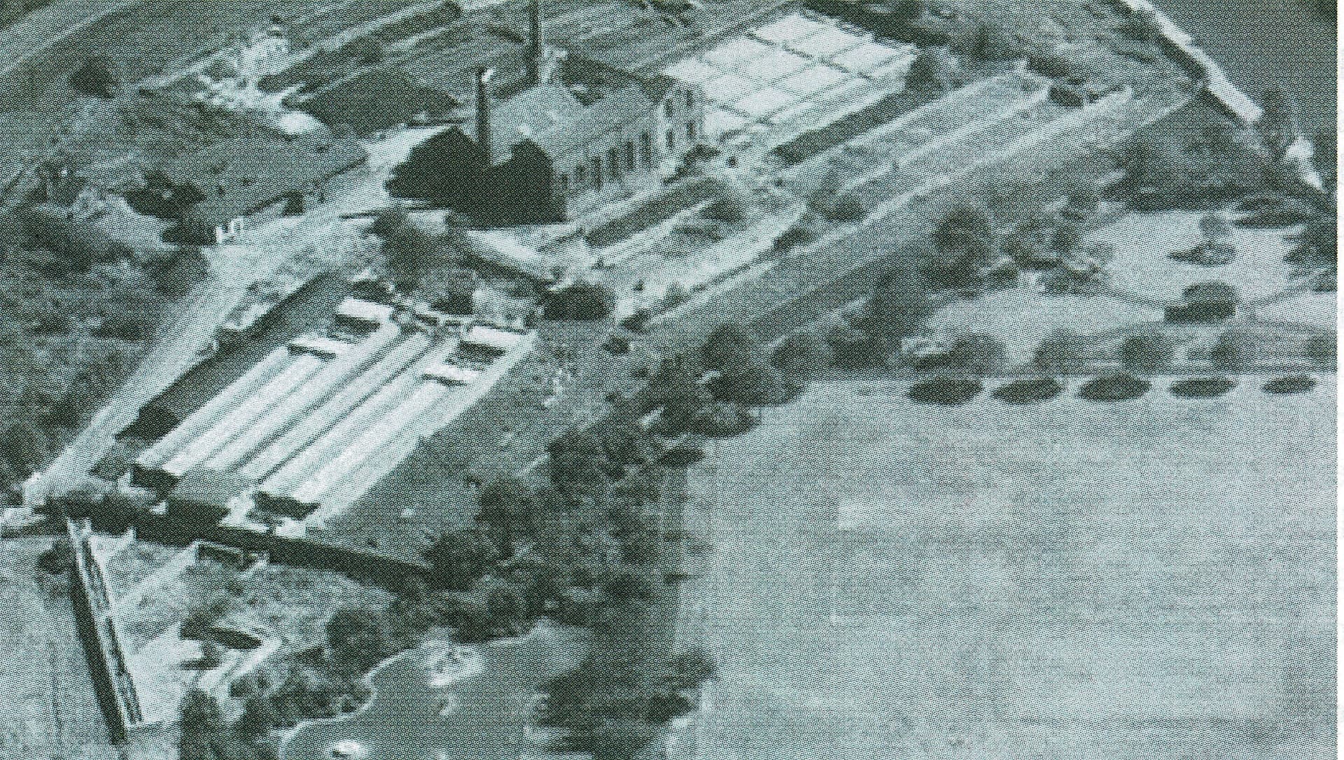 Aerial archive photograph of the Markfield Beam Engine pumping station and its sewage filtration beds