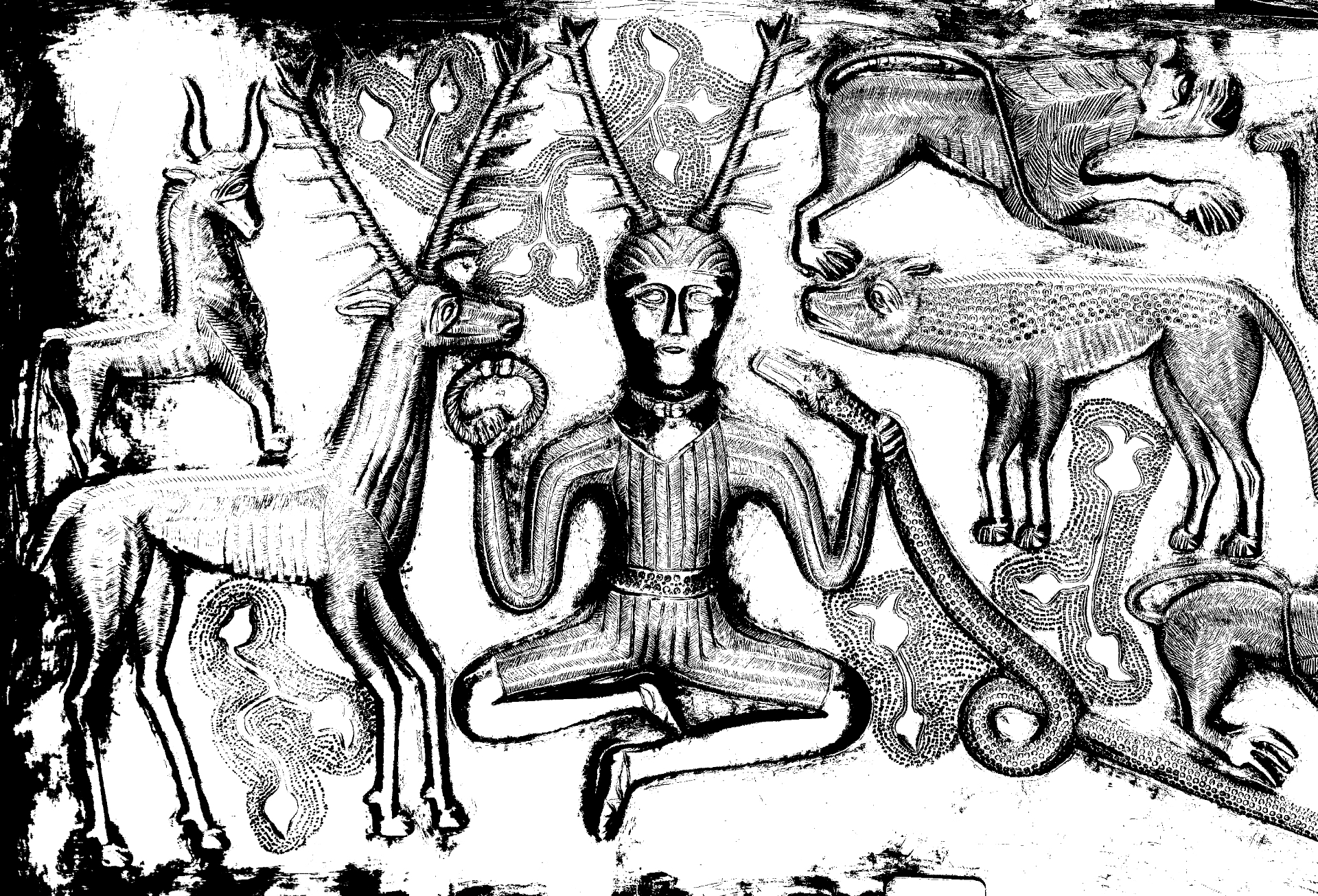 An ink illustration of a horned figure seated among deer and serpents, surrounded by wild growth.