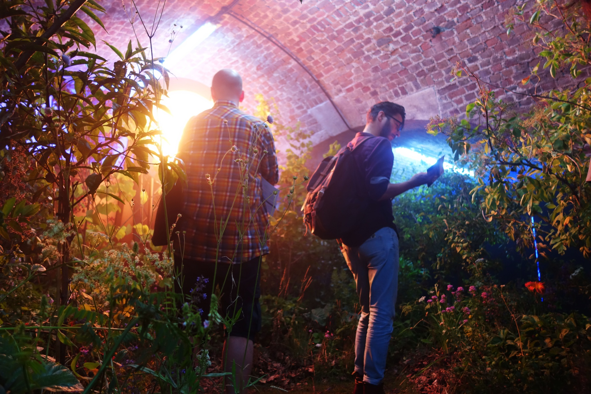 Visitors moving through the immersive garden under brick arches