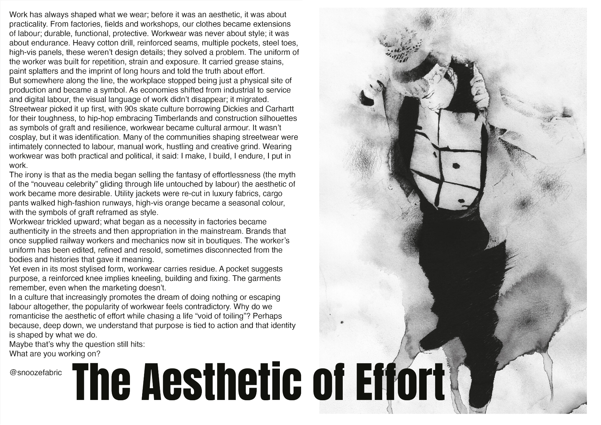 Ink-wash illustration of a figure in workwear overalls, part of a zine spread titled The Aesthetic of Effort.
